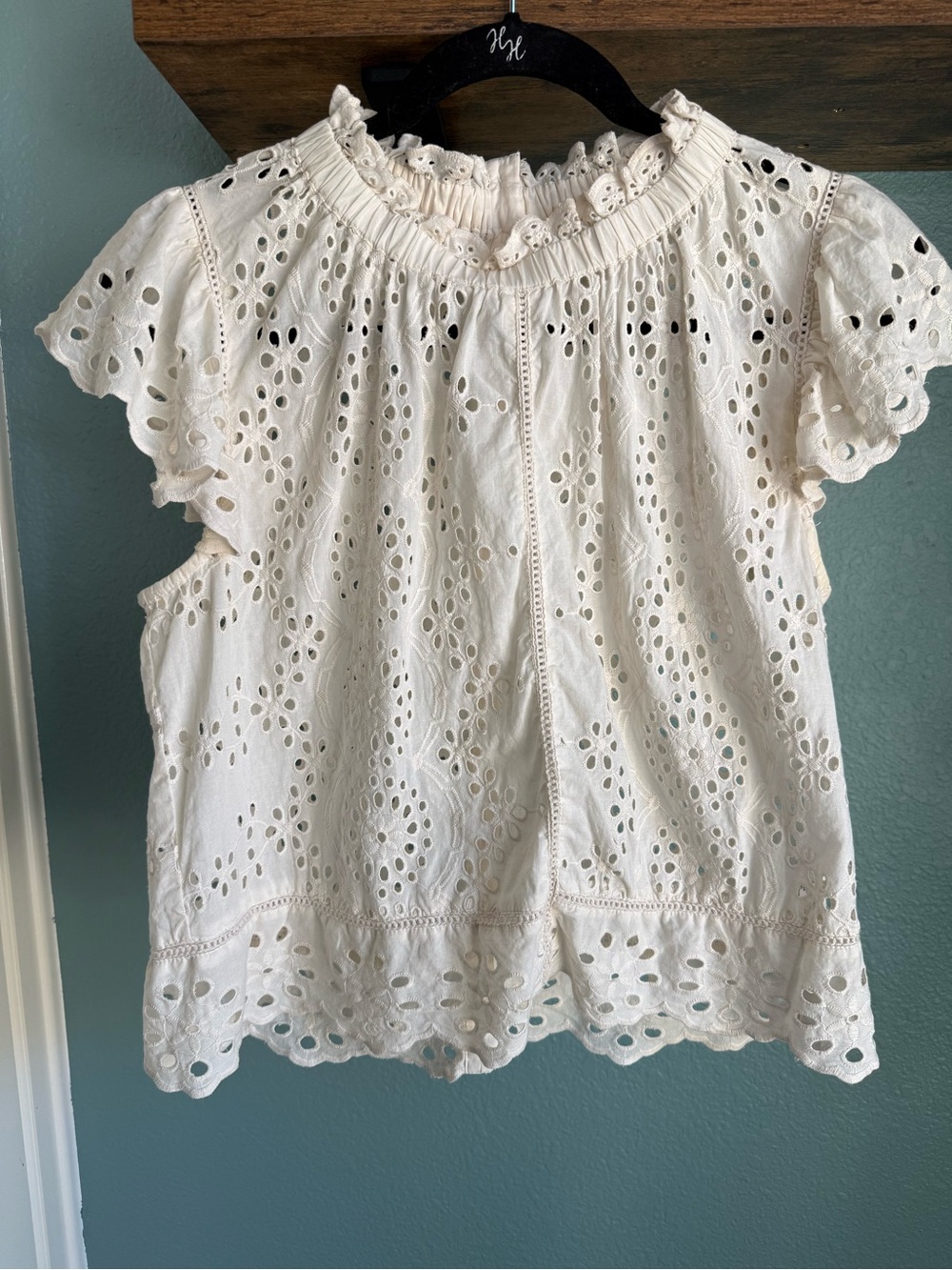 Jennifer & Grace Cream Eyelet Lace Cotton Blouse Button Back Top Cottagecore